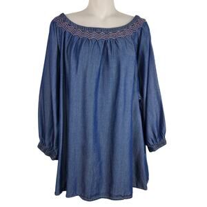 Mira Womens Tunic Top Chambray Denim Blue Embroidered 3/4 Sleeve Lyocell XXL